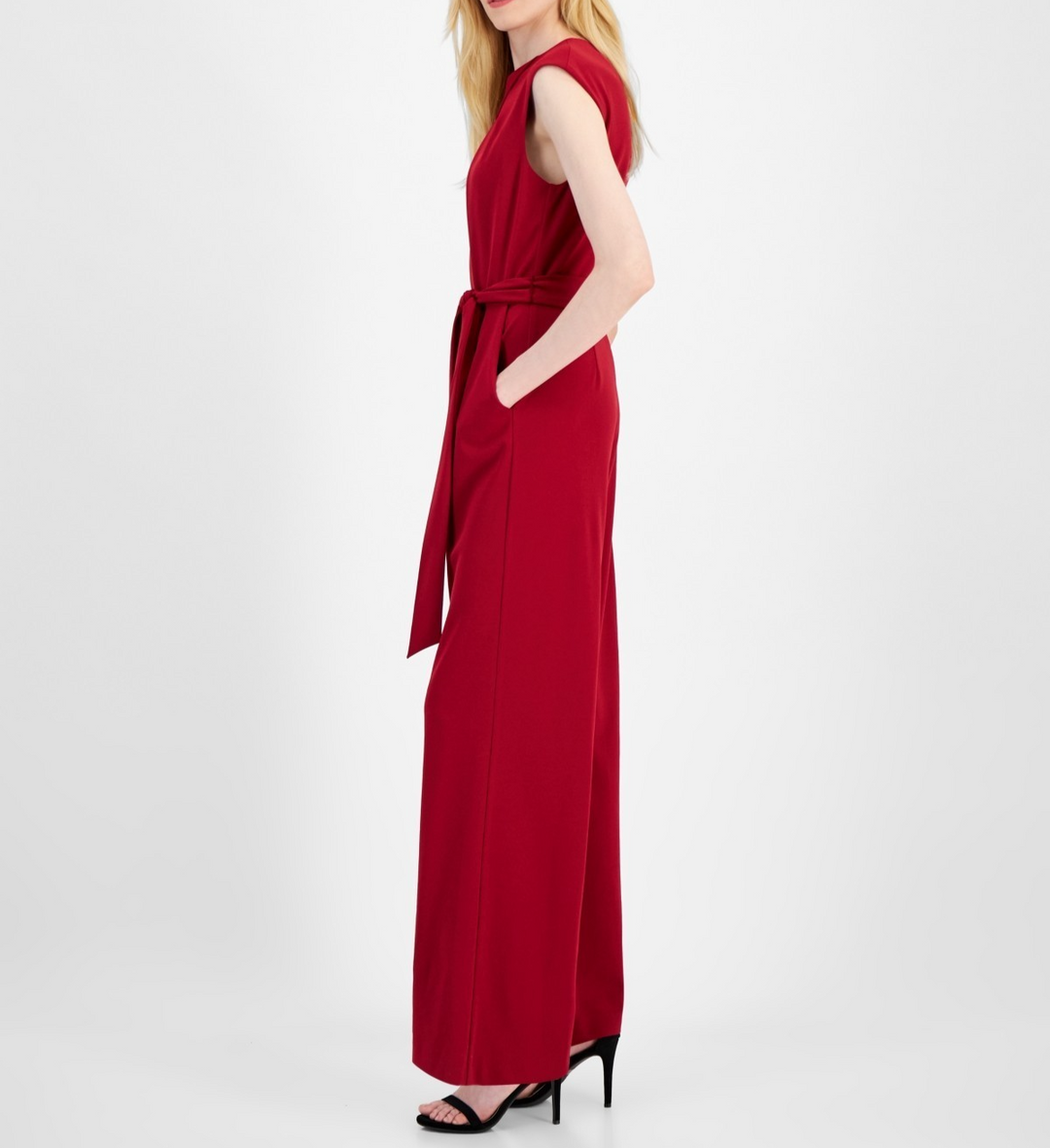 Tahari Petite Pleated-Neck Tie-Belt Jumpsuit MSRP $139