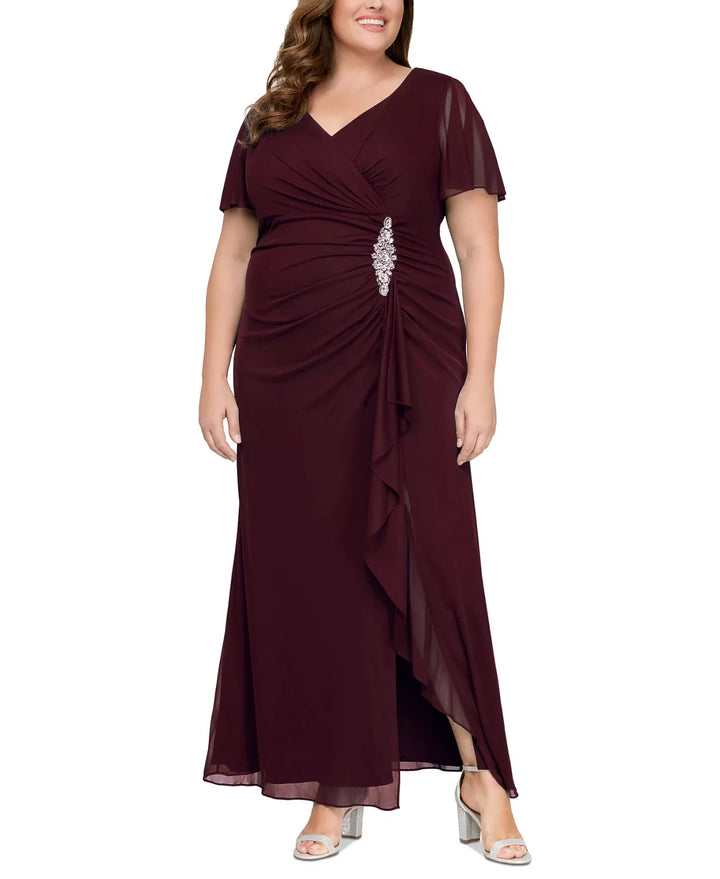 Alex Evenings Plus Size Flutter-Sleeve Embellished-Trim Gown MSRP $199
