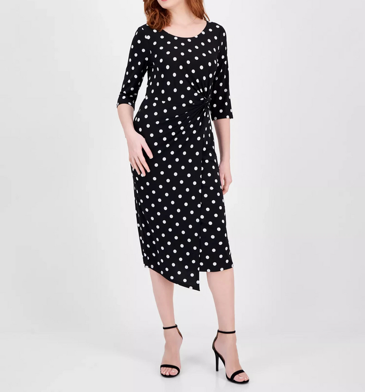 Connected Women's Dot-Print Faux-Wrap 3/4-Sleeve Midi Dress MSRP $79