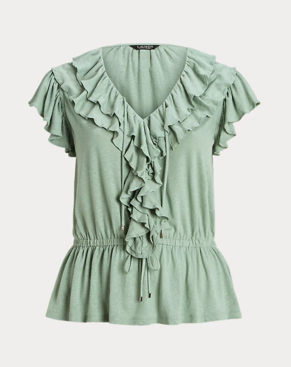 LAUREN Ralph Lauren Ruffle-Trim Jersey Peplum Top MSRP $125