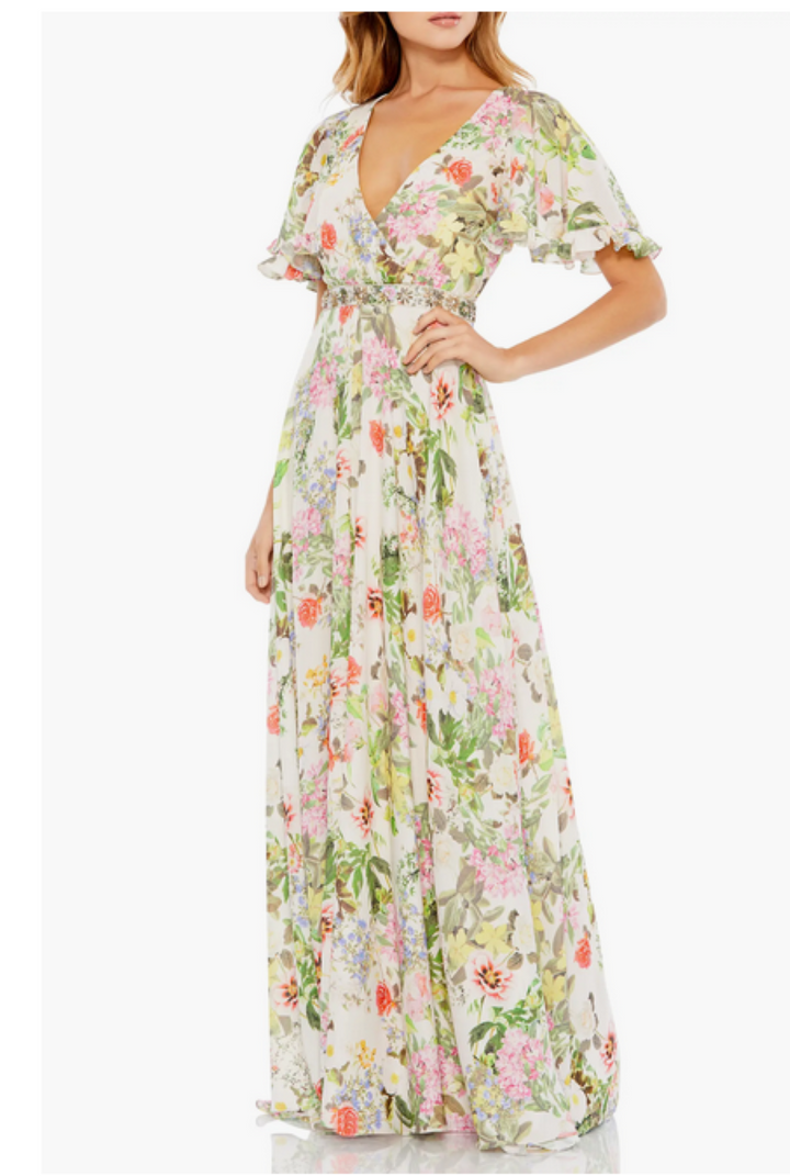 MAC DUGGAL Floral Print Faux Wrap Flutter Sleeve A-Line Gown MSRP $498