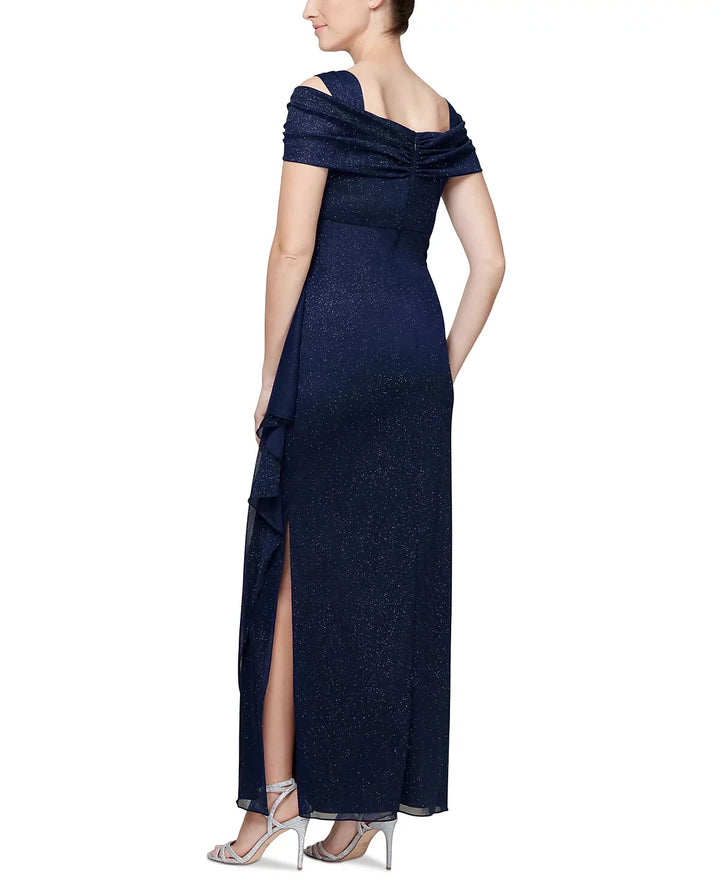 Alex Evenings Petite Cold-Shoulder Draped Metallic Gown MSRP $159