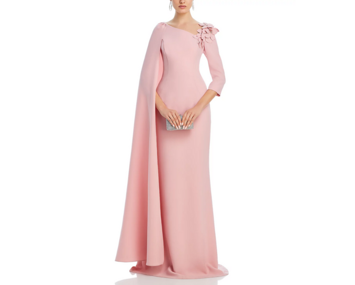 Teri Jon by Rickie Freeman Floral Applique Asymmetric Cape Gown MSRP $870