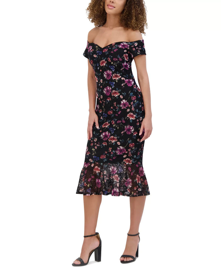 Siena Off-the-Shoulder Printed Floral Lace Midi Dress MSRP $128