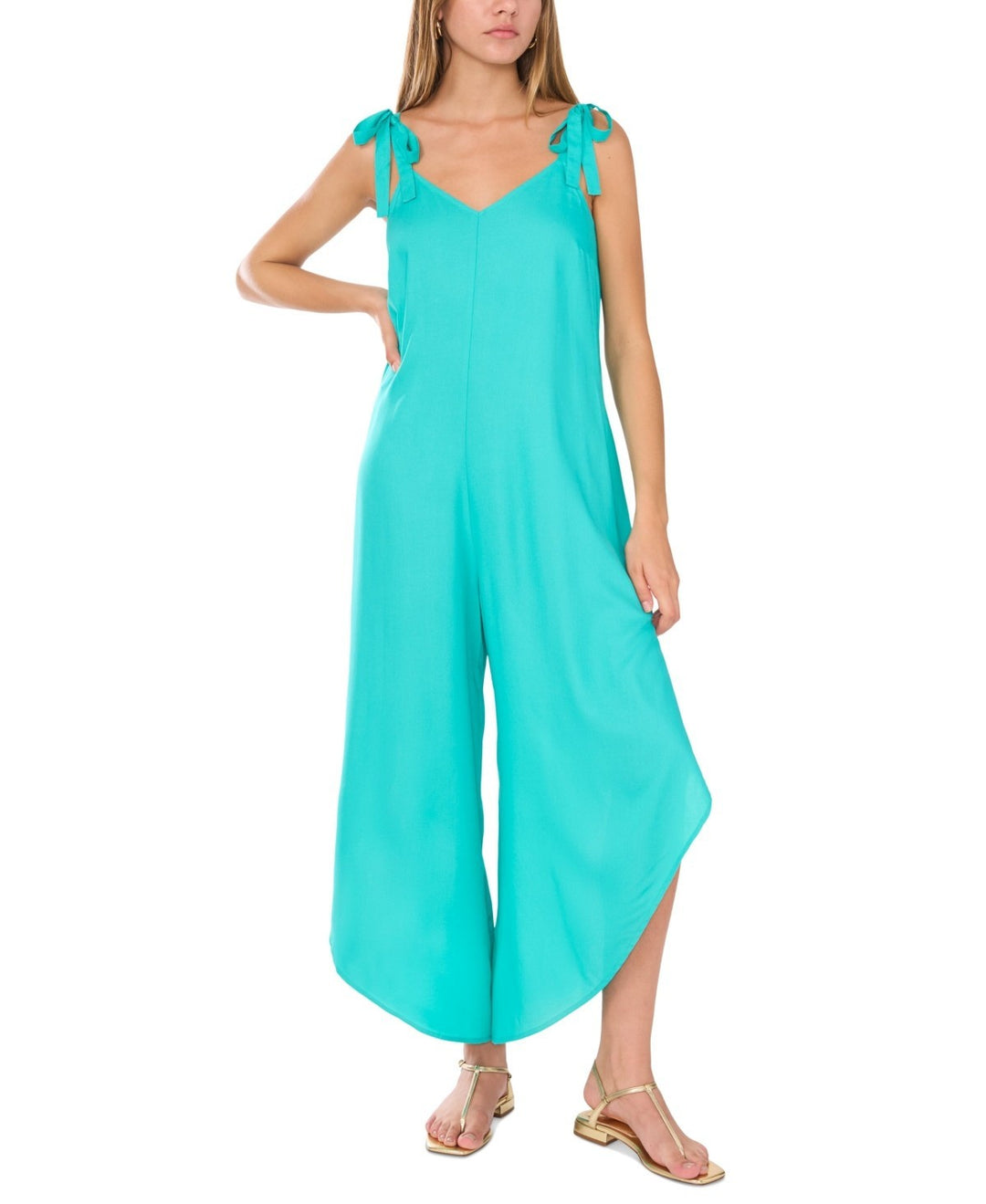 Vince Camuto V-Neck Sleeveless Tie-Shoulder Angled-Hem Jumpsuit MSRP $69