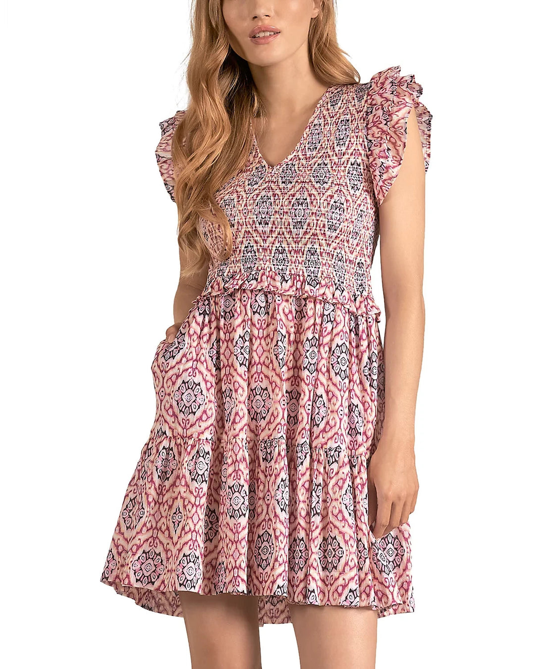 Elan Ikat Print Ruffle Sleeve Dress MSRP $98