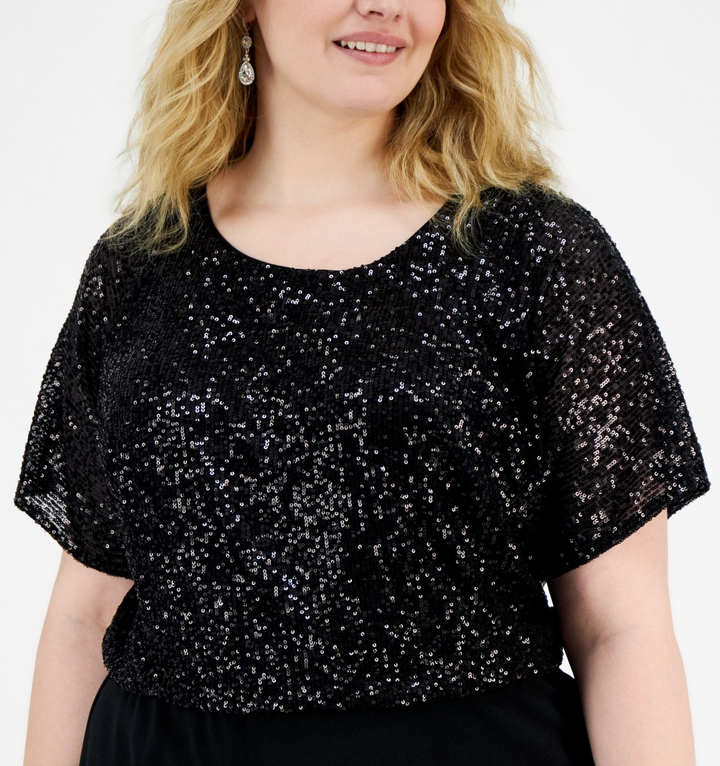 Connected Plus Size Kitty Black Sequin Popover Dress MSRP $89