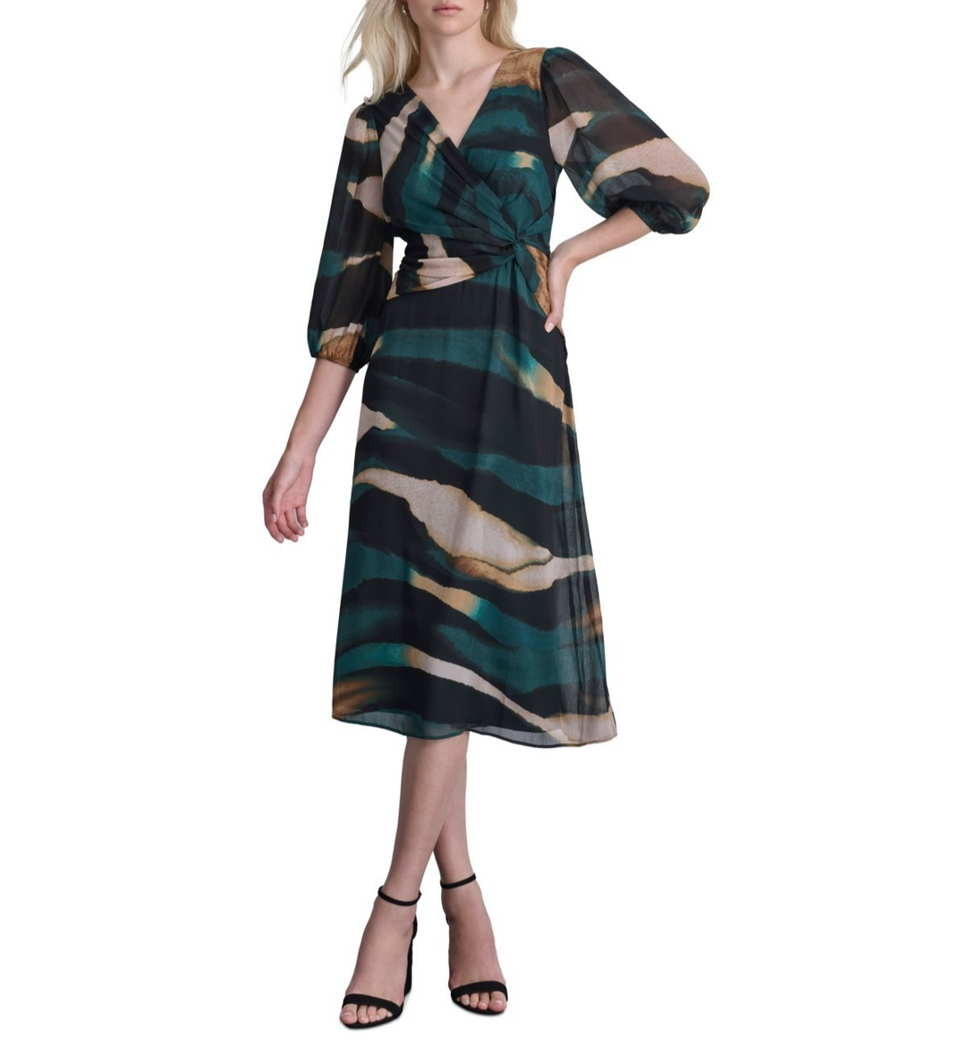 DKNY Women's Printed Balloon-Sleeve Side-Twist Dress MSRP $134