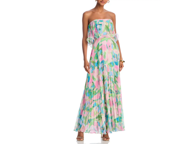 AQUA Printed Pleated Strapless Dress MSRP $298