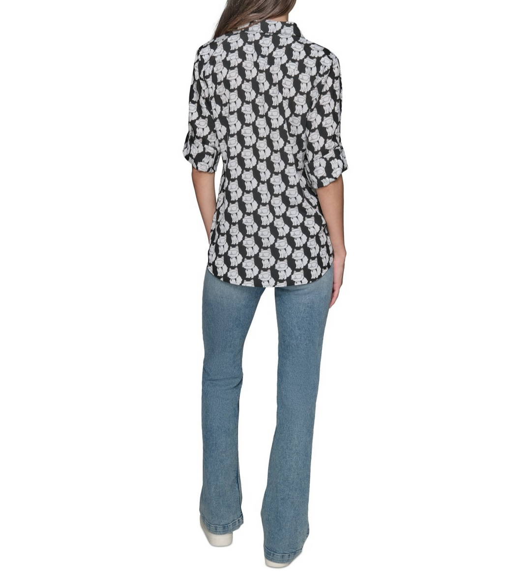 KARL LAGERFELD PARIS Motif Roll-Tab-Sleeve Button-Front Top MSRP $79