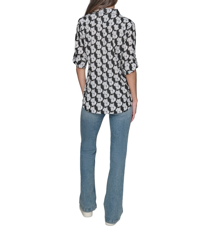 KARL LAGERFELD PARIS Motif Roll-Tab-Sleeve Button-Front Top MSRP $79