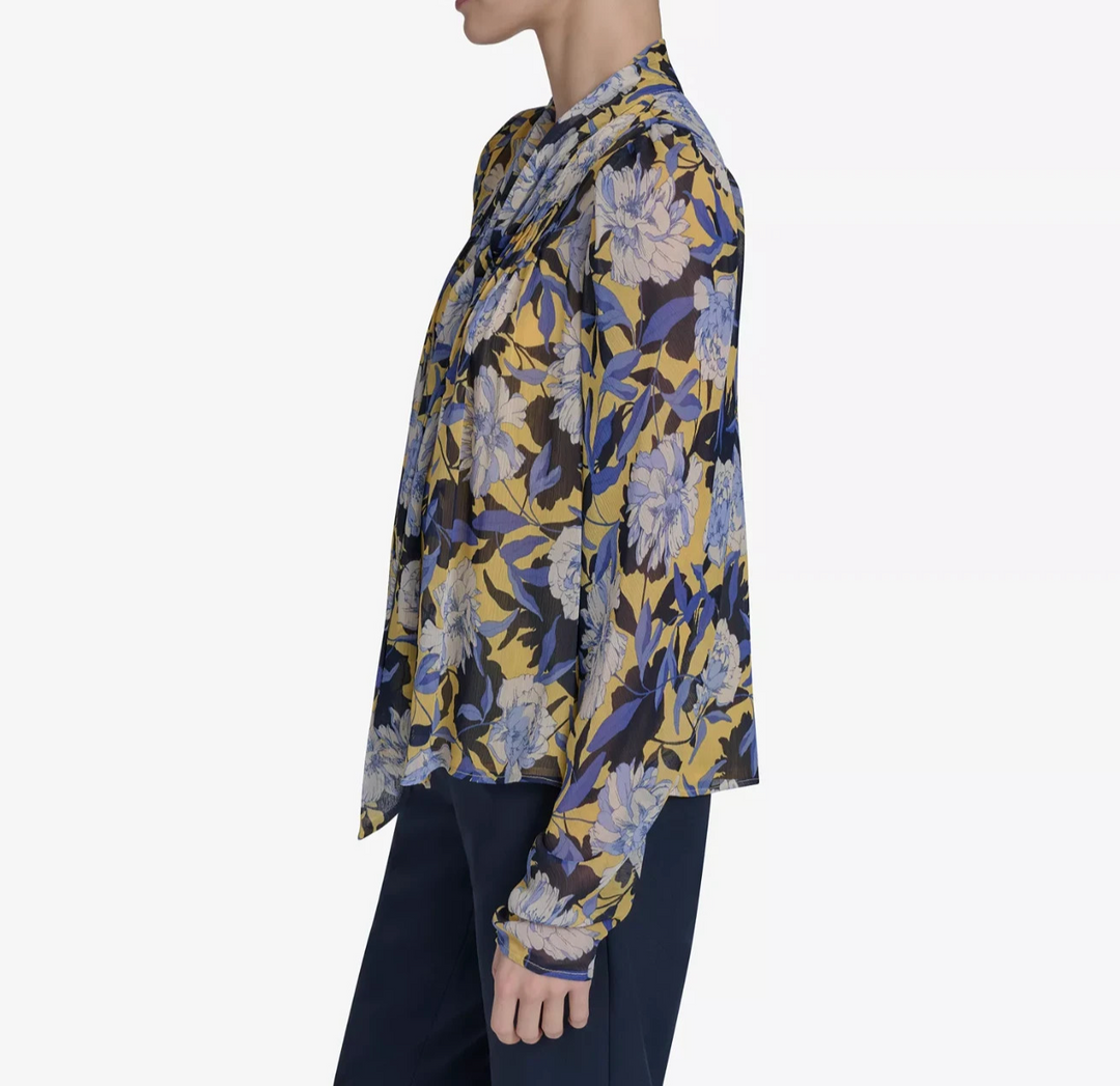 Tommy Hilfiger Women's Floral-Print Pleated Tie-Neck Blouse MSRP $89