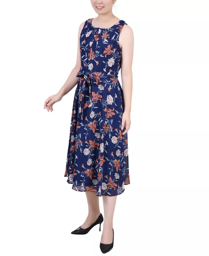 NY Collection Petite Sleeveless Chiffon Belted Dress MSRP $54