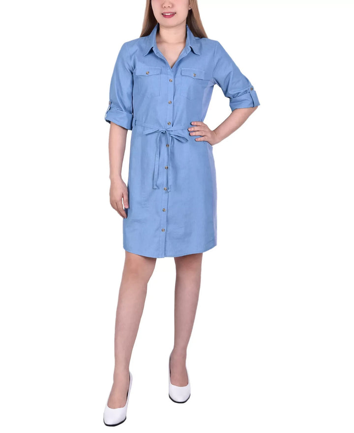 NY Collection Petite 3/4 Roll Tab Sleeve Denim Dress MSRP $60