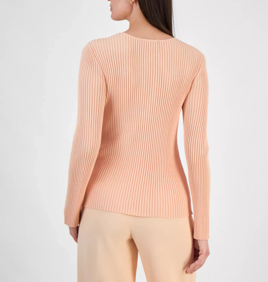 Tahari ASL Women's Ribbed V-Neck Twist-Front Sweater MSRP $69