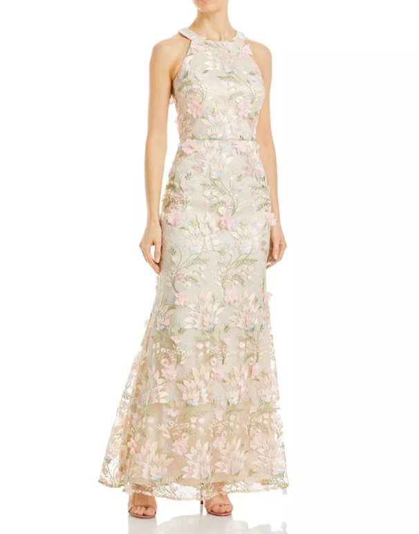 Eliza J Appliquéd Embroidered Halter Gown MSRP $358