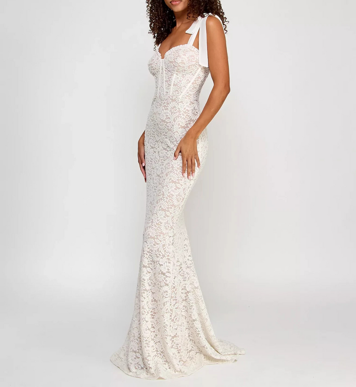 City Studios Juniors' Glitter-Lace Tie-Shoulder Sweetheart Gown MSRP $149.00