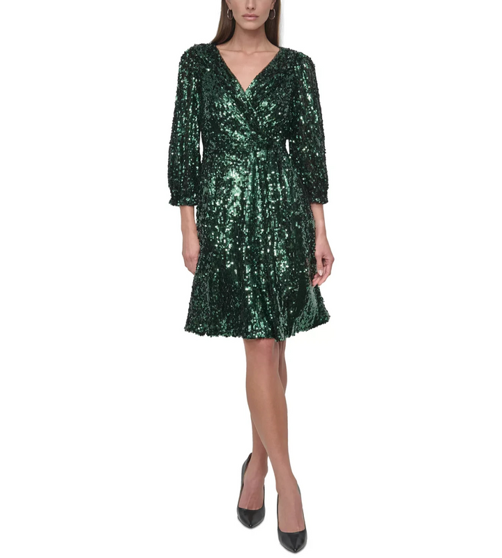 DKNY Women's Sequinned Faux-Wrap Fit & Flare Dress MSRP $159