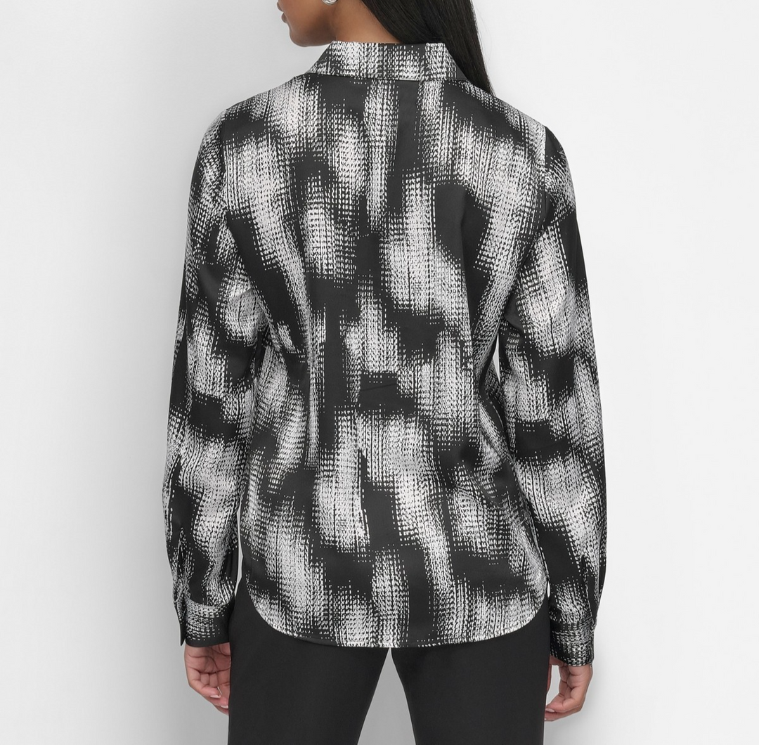 DKNY Women's Sheer-Yoke Abstract-Print Blouse MSRP $89