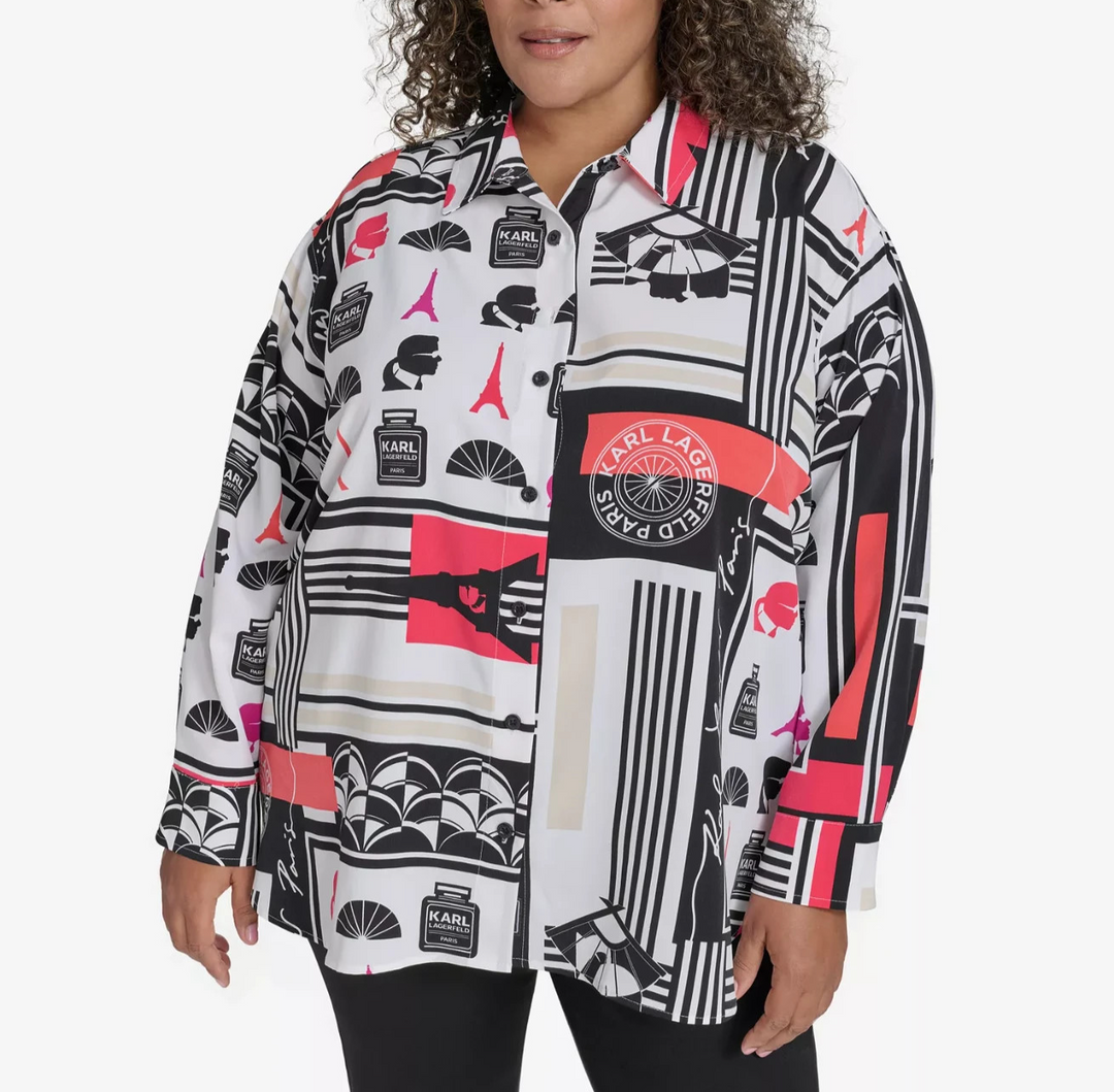 KARL LAGERFELD PARIS Plus Size Printed Collared Button-Front Shirt MSRP $99