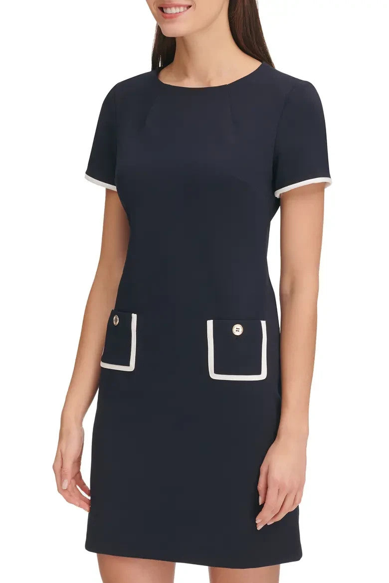 Tommy Hilfiger Short Sleeve Scuba Crepe Contrast Trim Dress MSRP $99