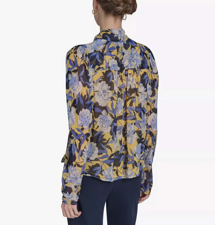 Tommy Hilfiger Women's Floral-Print Pleated Tie-Neck Blouse MSRP $89