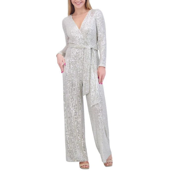 Eliza J Sequined Faux-Wrap Jumpsuit MSRP $198