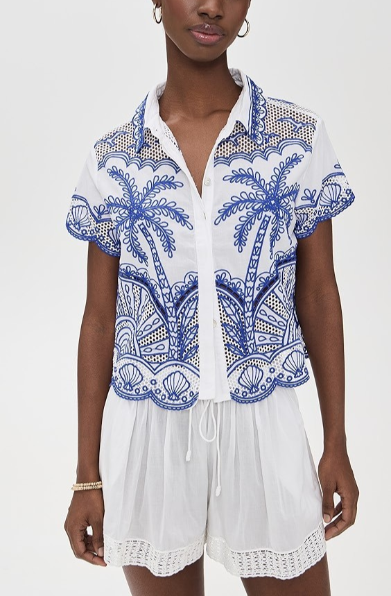 FARM Rio Blue Palm Trees Richelieu Shirt MSRP $230