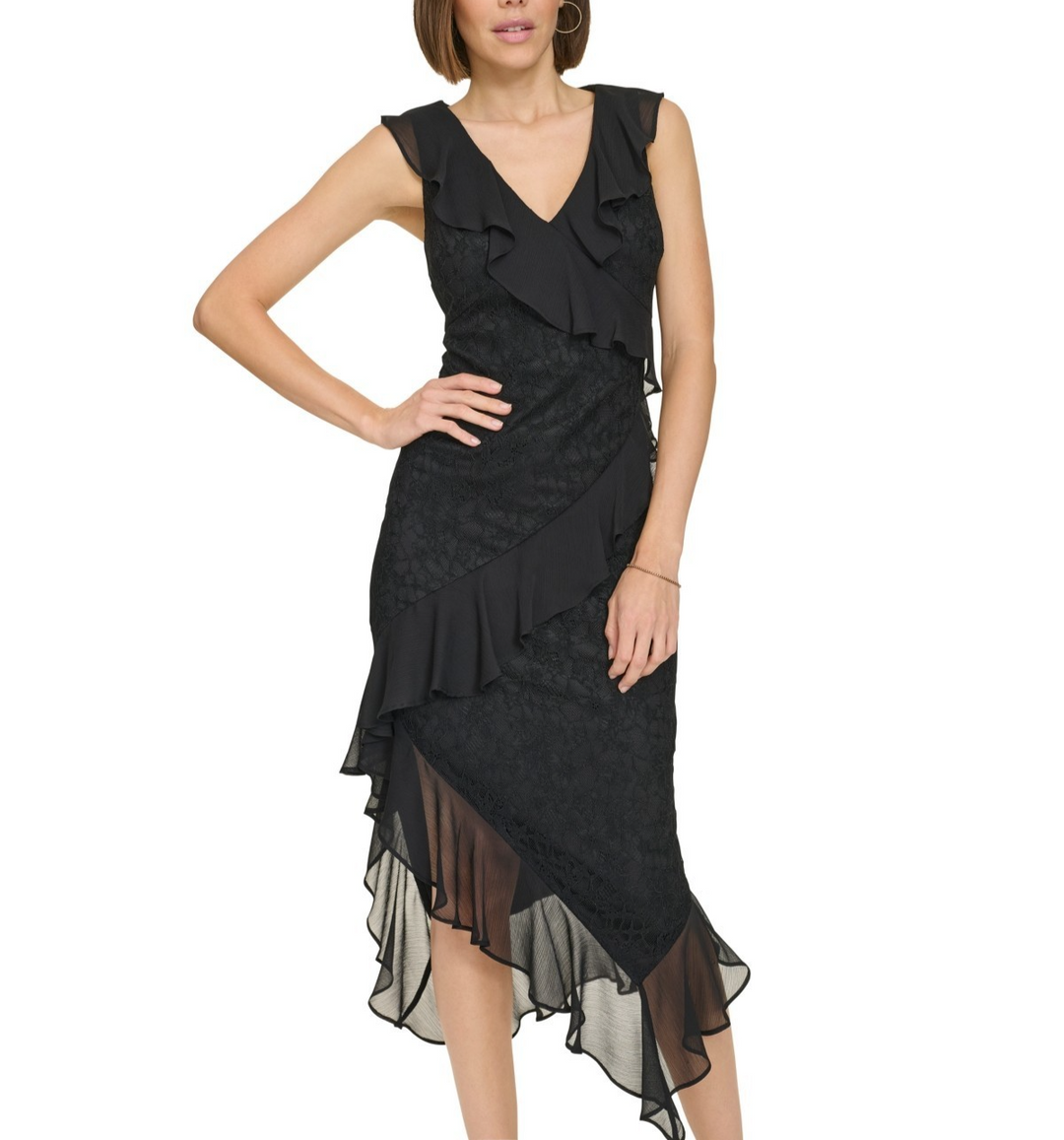 Tommy Hilfiger Women's Chiffon-Ruffled Lace Dress MSRP $139