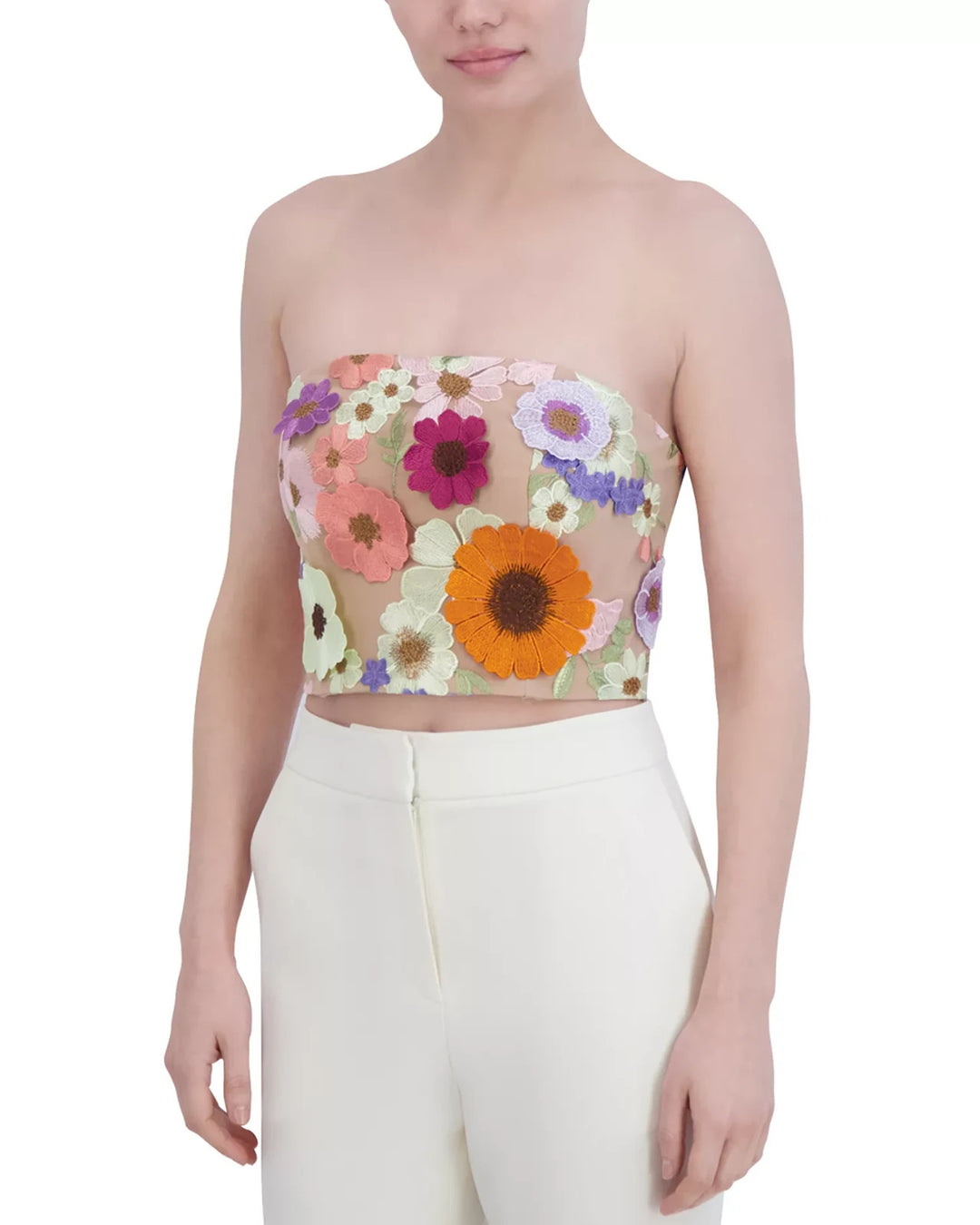 BCBGMAXAZRIA Tulle Floral Embroidered Crop Top MSRP $298