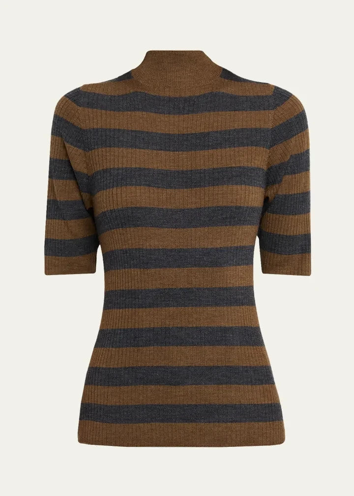 Majestic Filatures Striped Rib Knit Merino Wool Mock-Neck MSRP $280