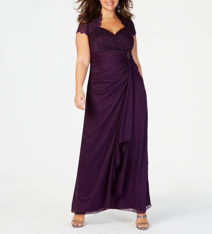 B&A by Betsy & Adam Plus Size Sequined-Lace Ruched Gown MSRP $169