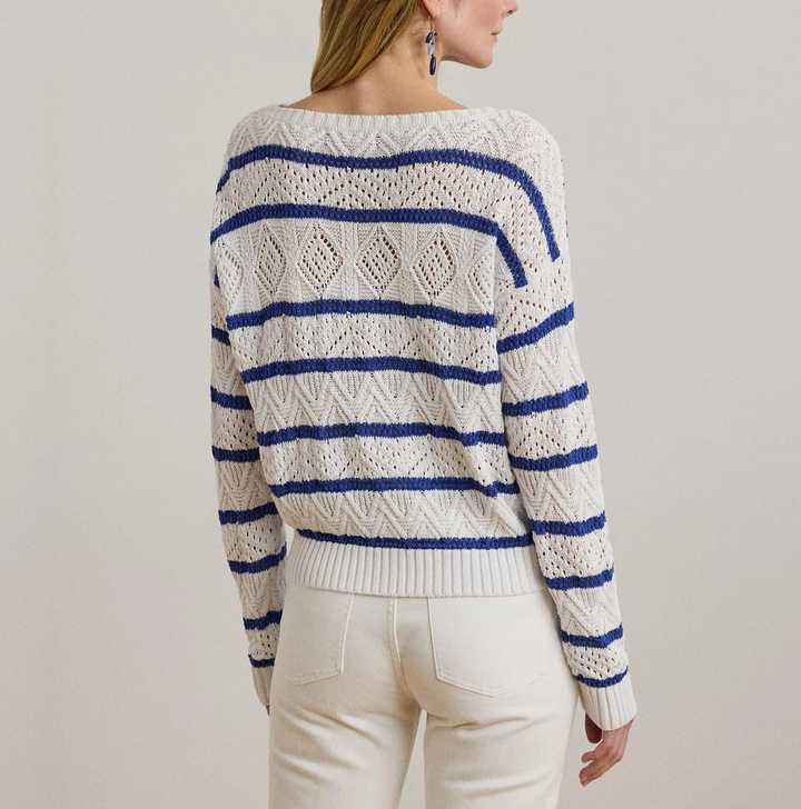 Lauren Ralph Lauren Striped Pointelle Cotton-Blend Sweater MSRP $195
