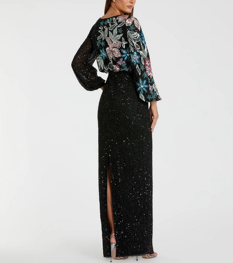 Mac Duggal Embellished Sequin Long Sleeve Blouson Gown MSRP $598