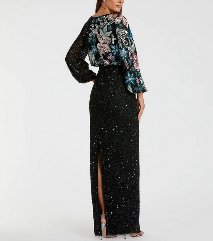 Mac Duggal Embellished Sequin Long Sleeve Blouson Gown MSRP $598