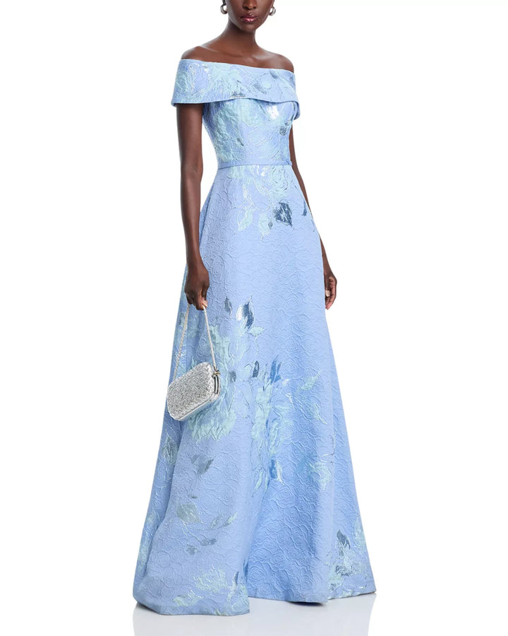 Teri Jon by Rickie Freeman Off-the-Shoulder Metallic Jacquard Gown MSRP $880