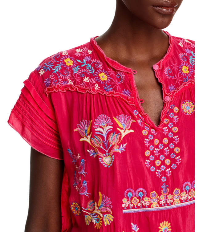 Johnny Was Laferet Embroidered Split Neck Blouse MSRP $295
