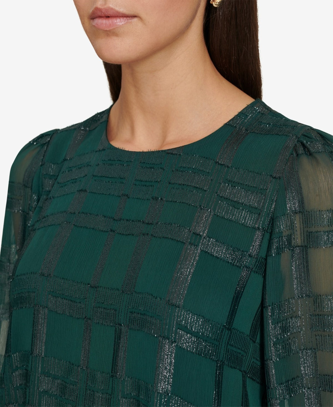Calvin Klein Petite Metallic Plaid Chiffon 3/4-Sleeve Dress MSRP $139