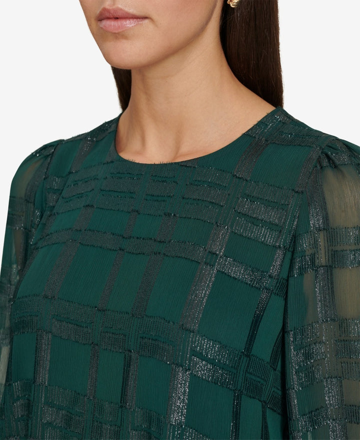 Calvin Klein Petite Metallic Plaid Chiffon 3/4-Sleeve Dress MSRP $139