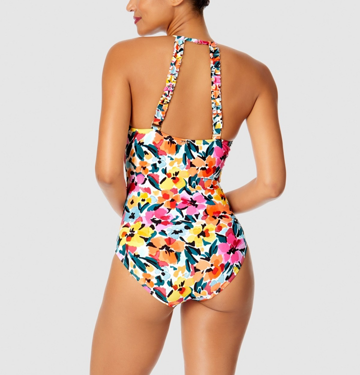 Anne Cole Floral-Print High-Neck One-Piece Swimsuit MSRP $108