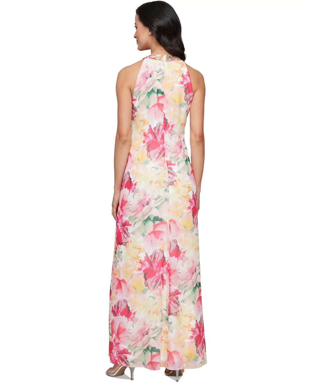 SL Fashions Women's Floral-Print Beaded Halter Gown MSRP $139