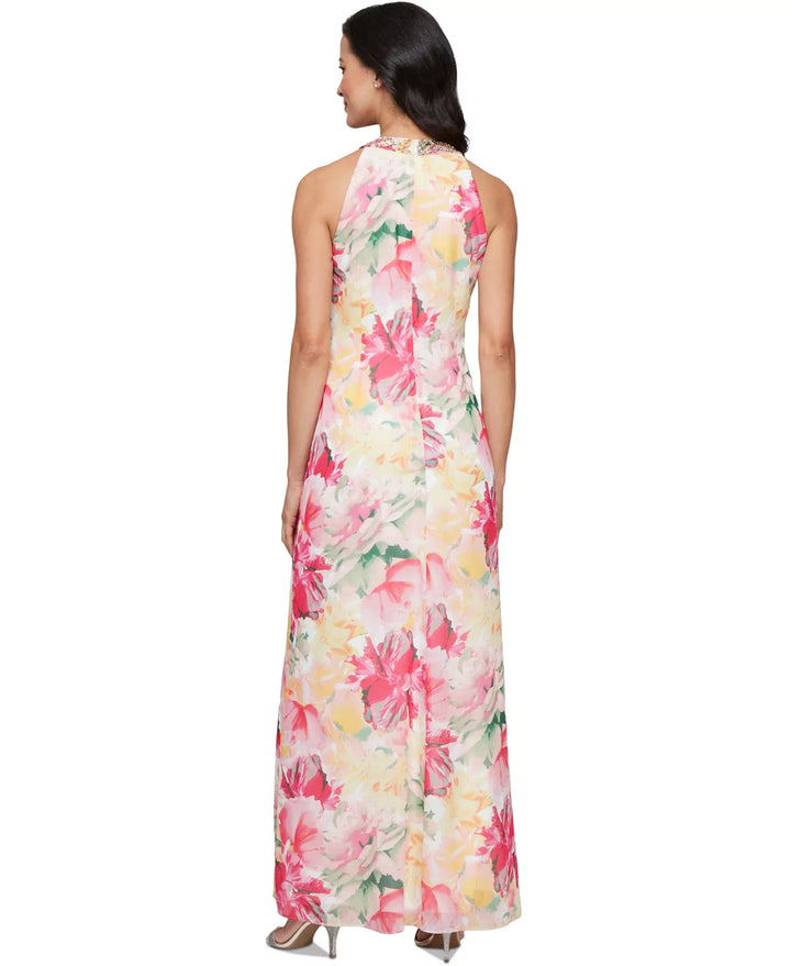 SL Fashions Women's Floral-Print Beaded Halter Gown MSRP $139