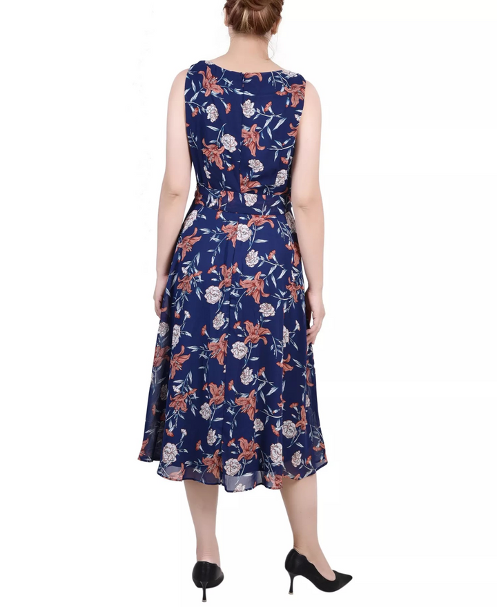 NY Collection Petite Sleeveless Chiffon Belted Dress MSRP $54