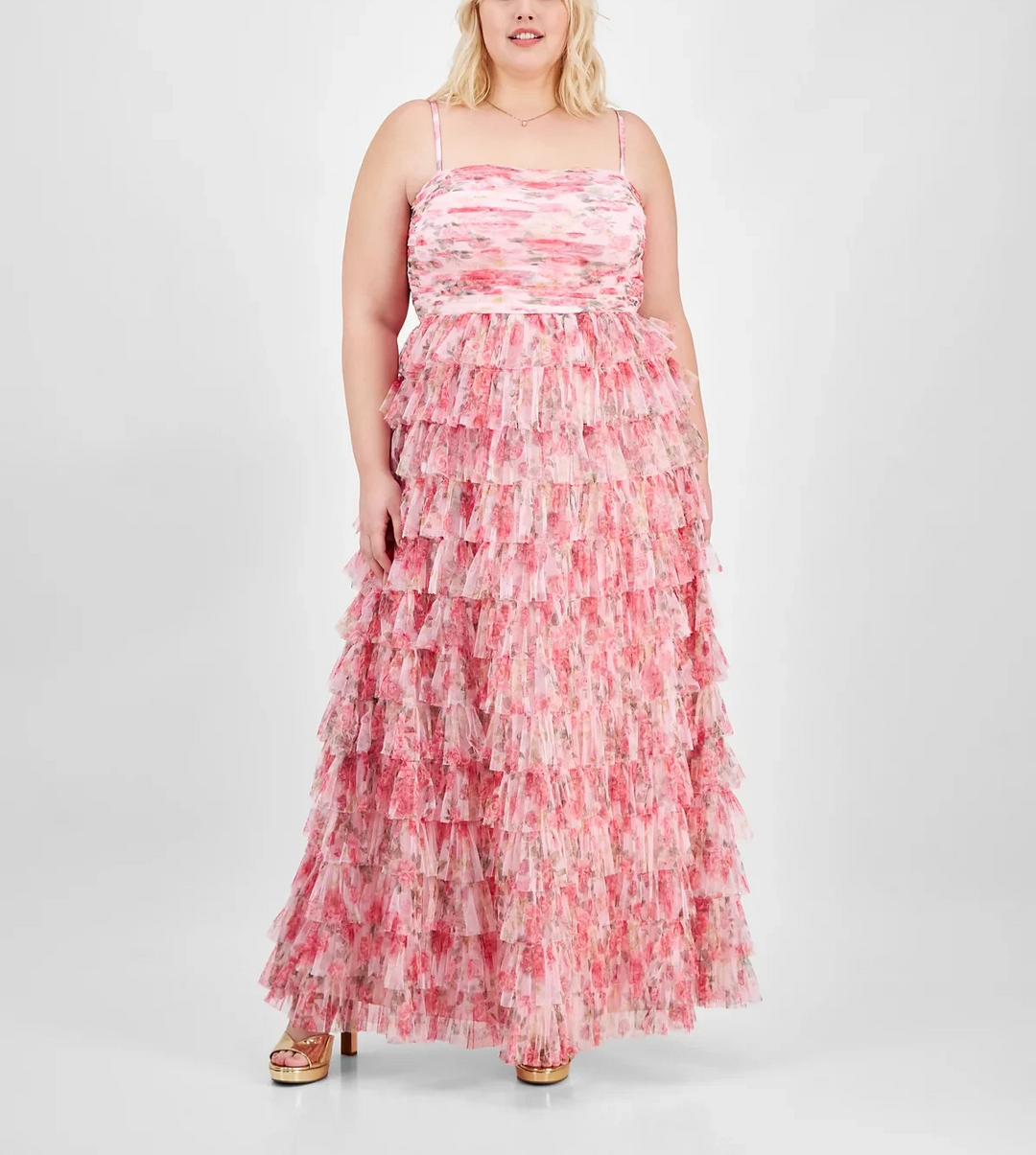 B Darlin Trendy Plus Size Floral Print Ruffle Tiered Gown MSRP $169