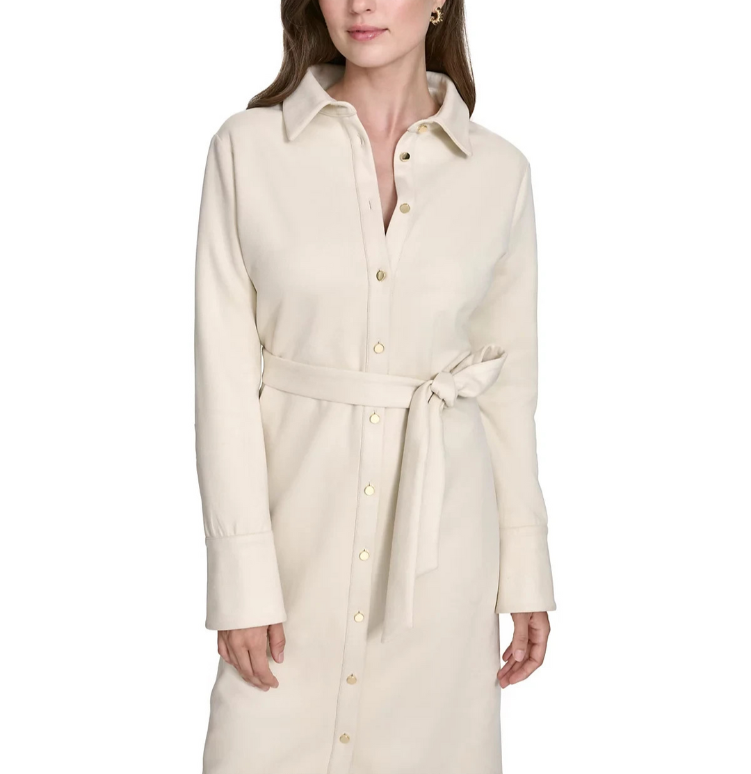 Halston Faux-Suede Belted Long-Sleeve Shirtdress MSRP $129