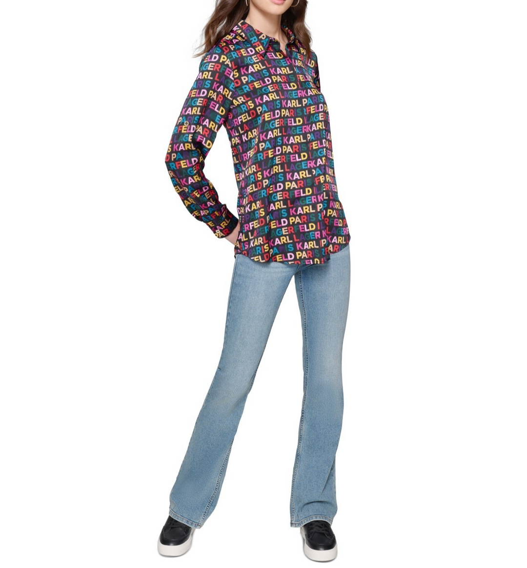 KARL LAGERFELD PARIS Women's Printed Utility Button-Front Top MSRP $79