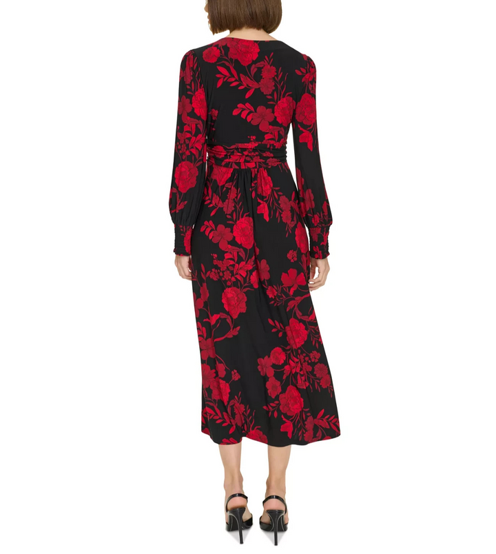 Tommy Hilfiger Floral Surplice-Neck Smocked-Cuff Dress MSRP $119