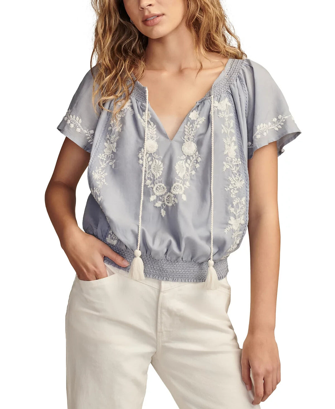 Lucky Brand Embroidered Flutter-Sleeve Top MSRP $89