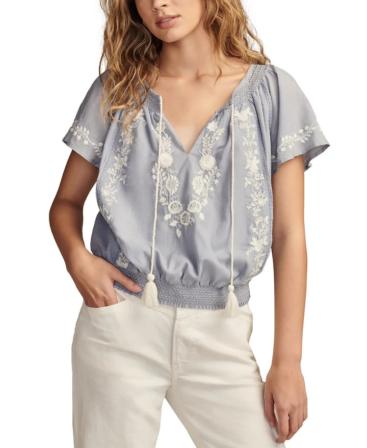 Lucky Brand Embroidered Flutter-Sleeve Top MSRP $89
