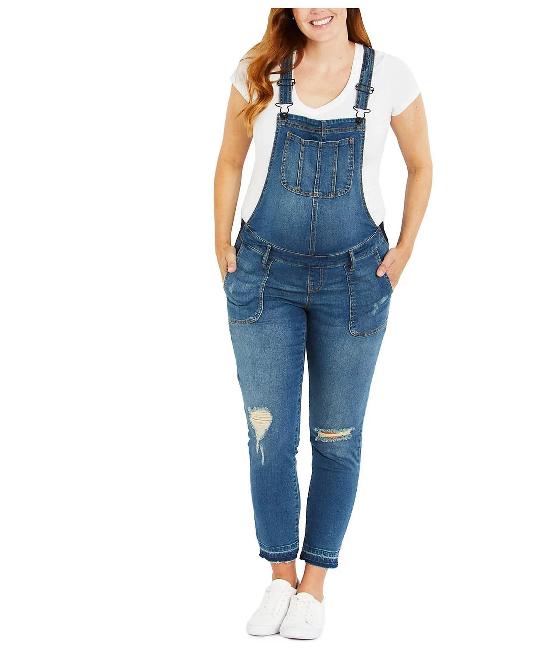 Motherhood Maternity Side-Panel Letdown Skinny Ankle Denim Overalls MSRP $78